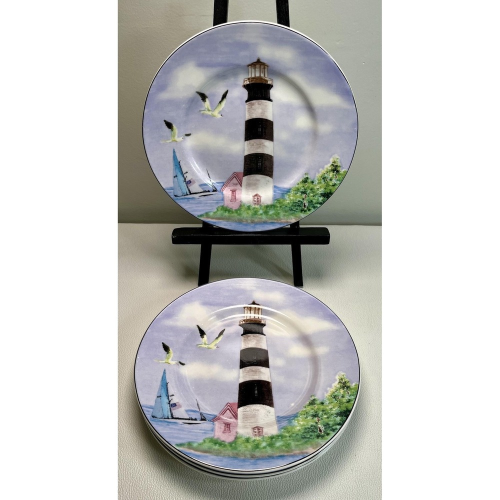 Thomson Pottery Lighthouse Dessert Plates 8" Set of 4‎ Seagulls Nautical Coastal